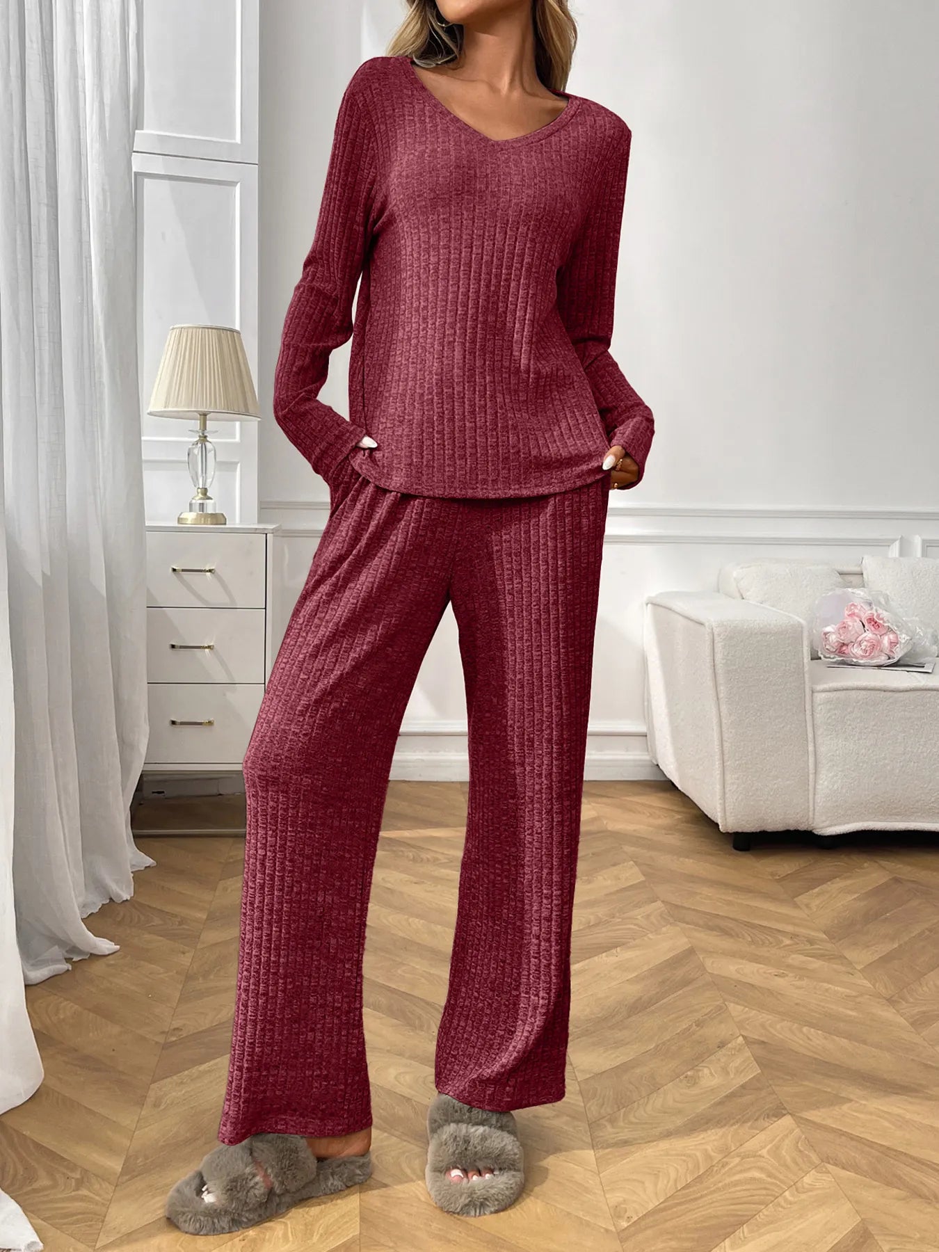 Ribbed Long Sleeve Top and Pants Lounge Set Wine Red