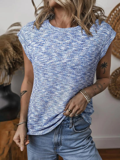 Round Neck Knit Cap Sleeve Top Blue