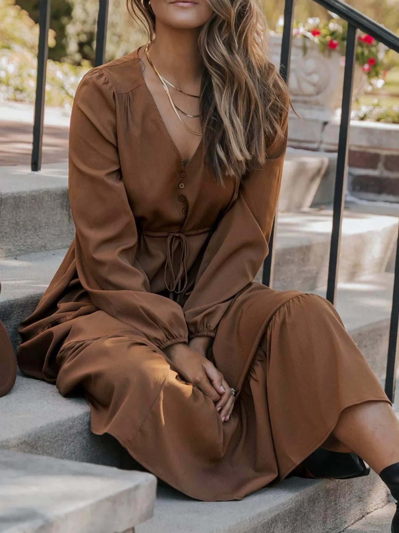 V-Neck Balloon Sleeve Tiered Dress