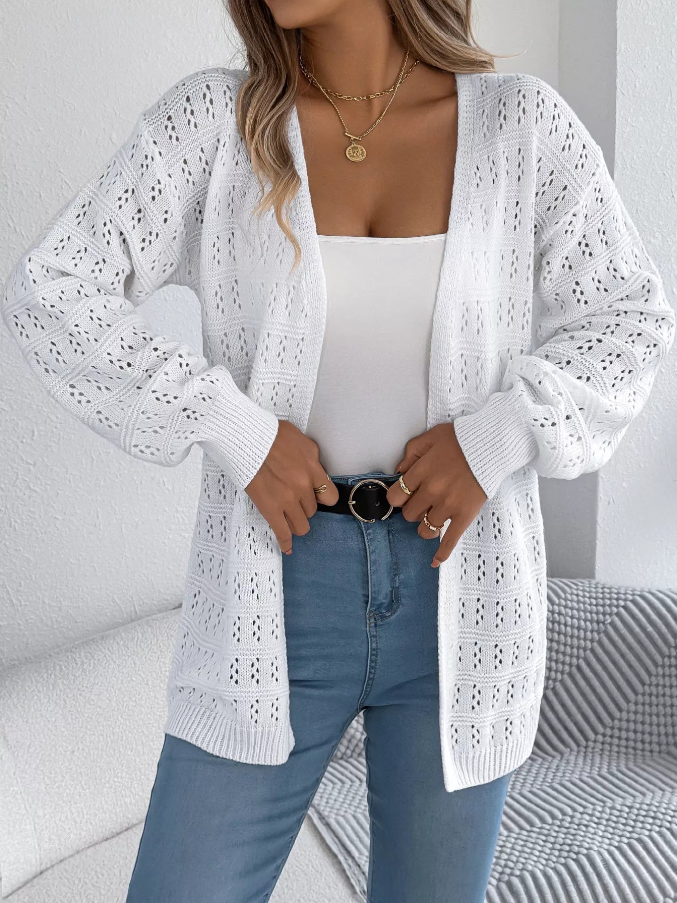 Open-Front Crochet Knit Cardigan