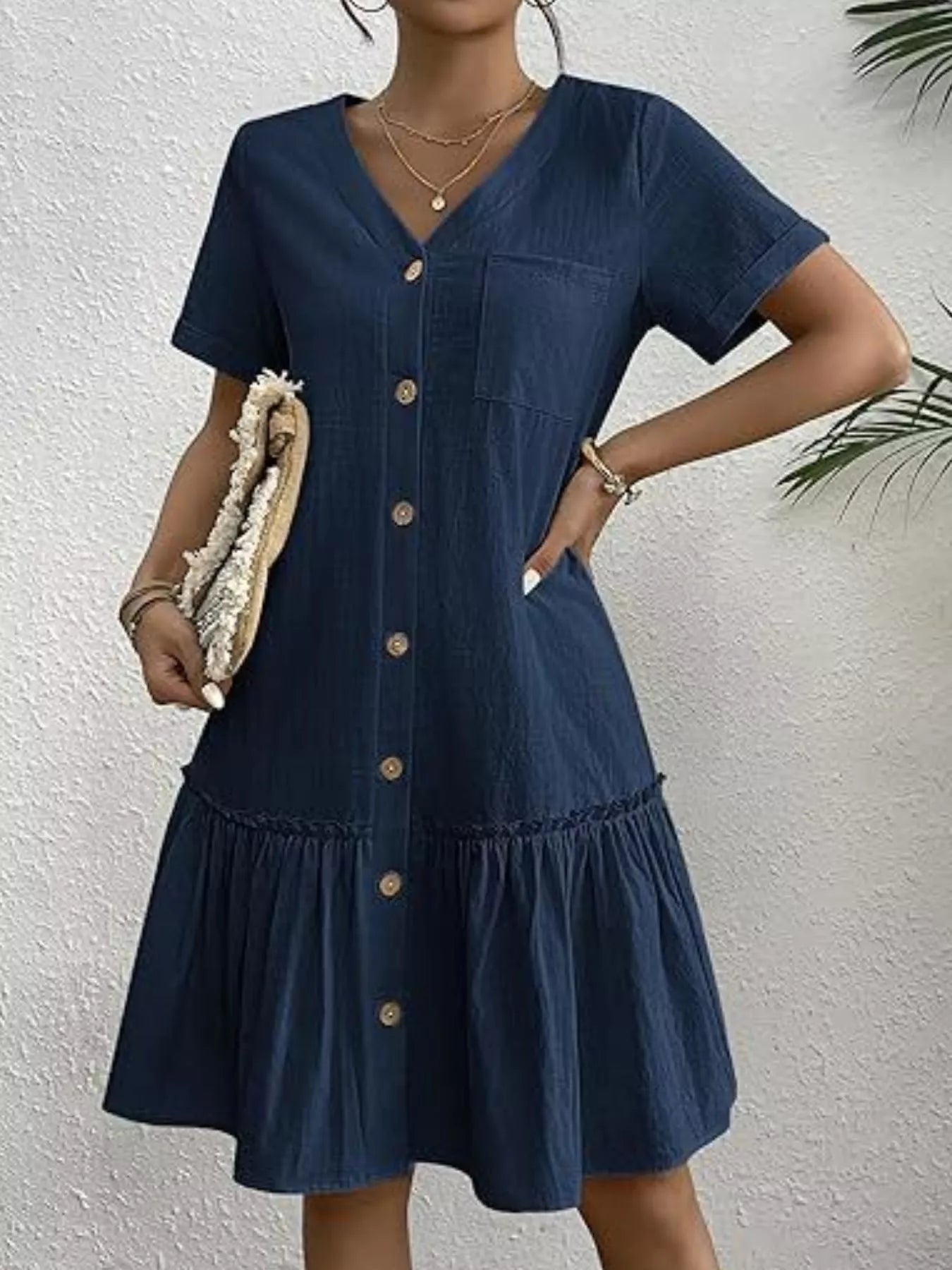 Full Size Button-Front Short Sleeve Tiered Dress Plus Size