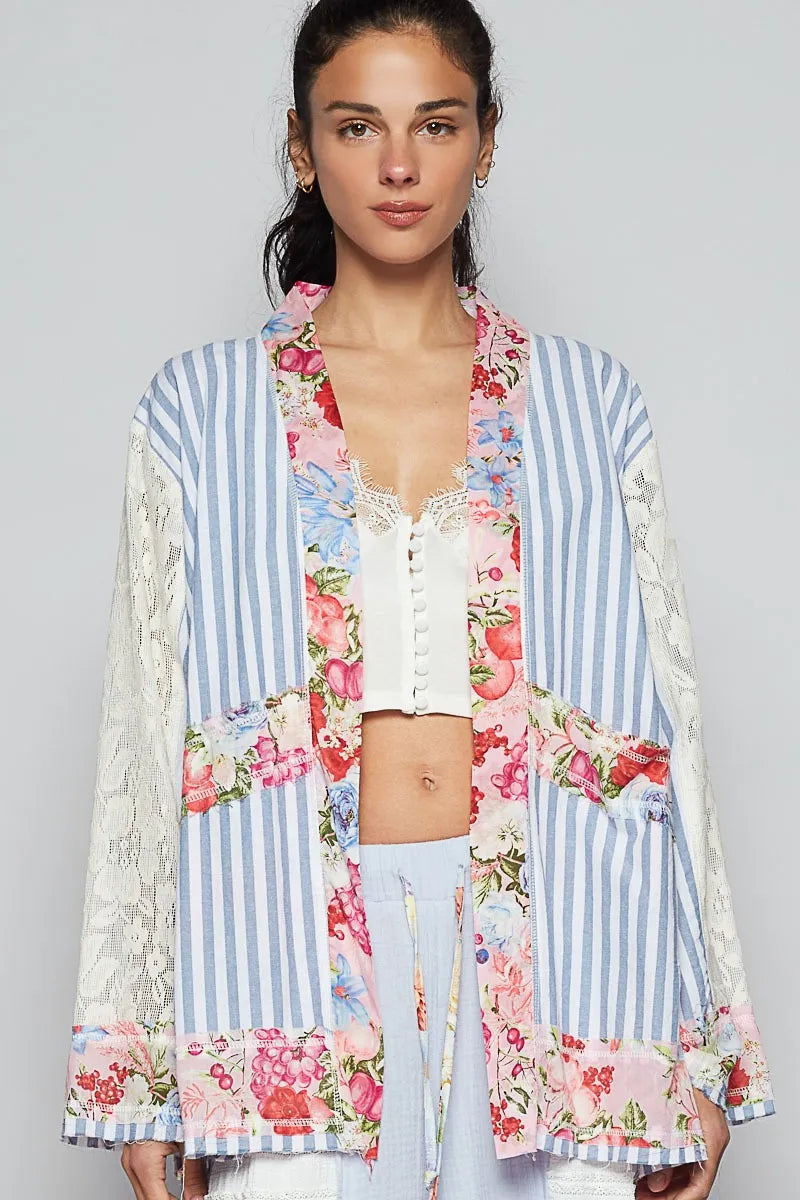 POL Lace Long Sleeve Striped Cardigan with Floral Patchwork Detail Light Blue