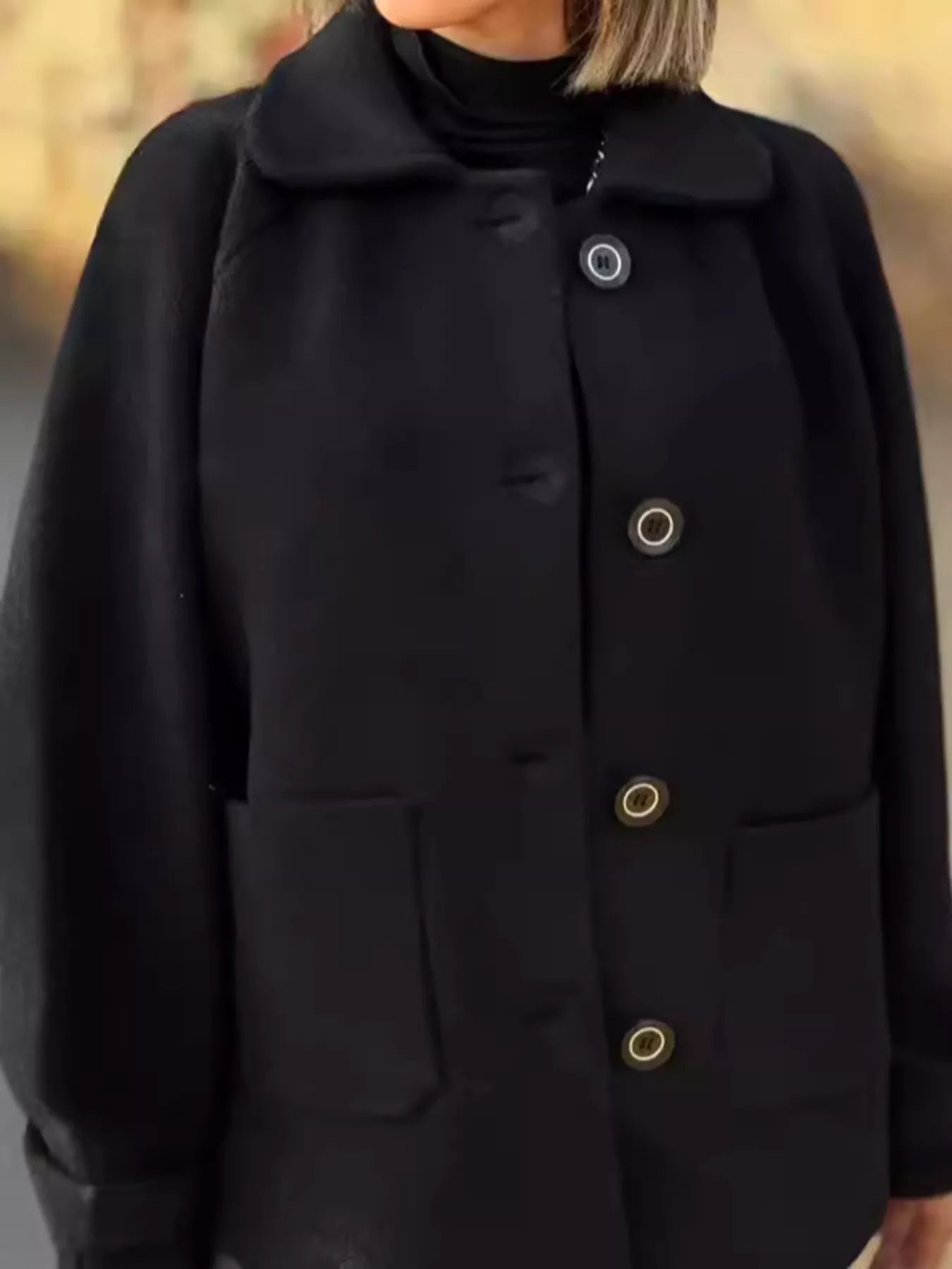 Full Size Button-Front Raglan Sleeve Coat Plus Size Black