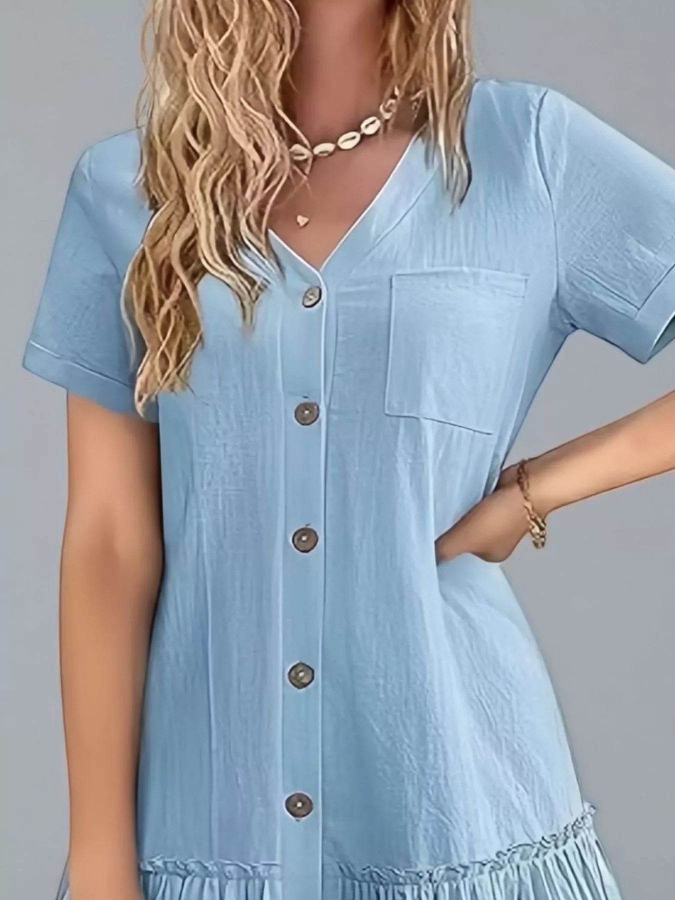 Full Size Button-Front Short Sleeve Tiered Dress Plus Size
