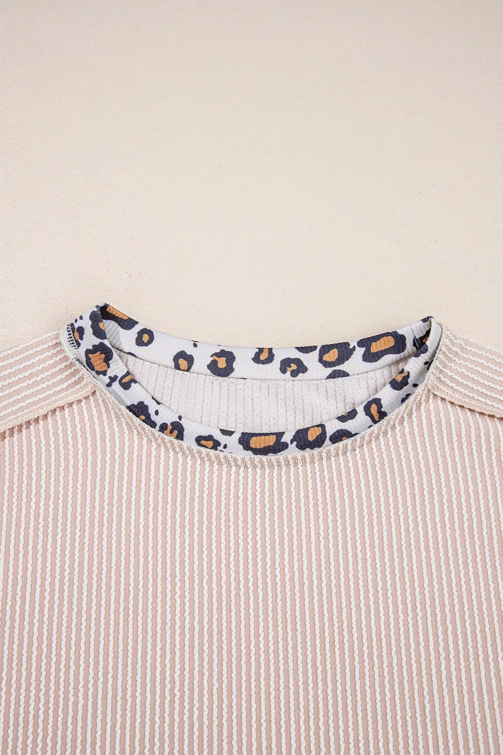 Leopard Trim Round Neck Ribbed T-Shirt