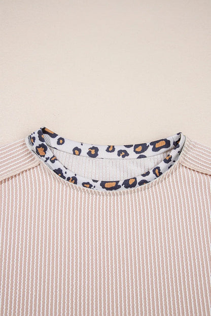 Leopard Trim Round Neck Ribbed T-Shirt