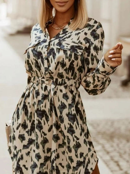 Printed Button Front Long Sleeve Dress Apricot Leopard Print