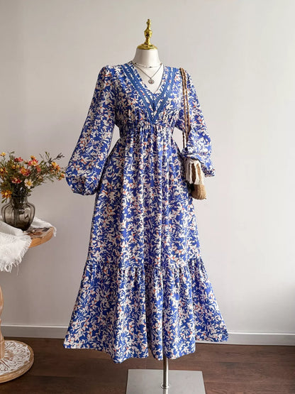 Plus Size Floral Print V-Neck Long Sleeve Maxi Dress