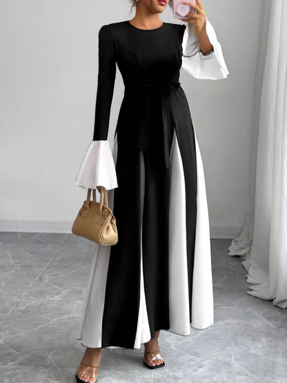 Contrast Round Neck Flare Sleeve Maxi Dress