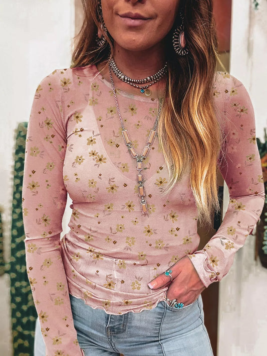 Floral Print Long Sleeve Mesh Blouse Dusty Pink