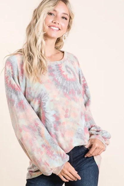 BiBi Brushed Tie Dye Print Top with Puff Sleeves