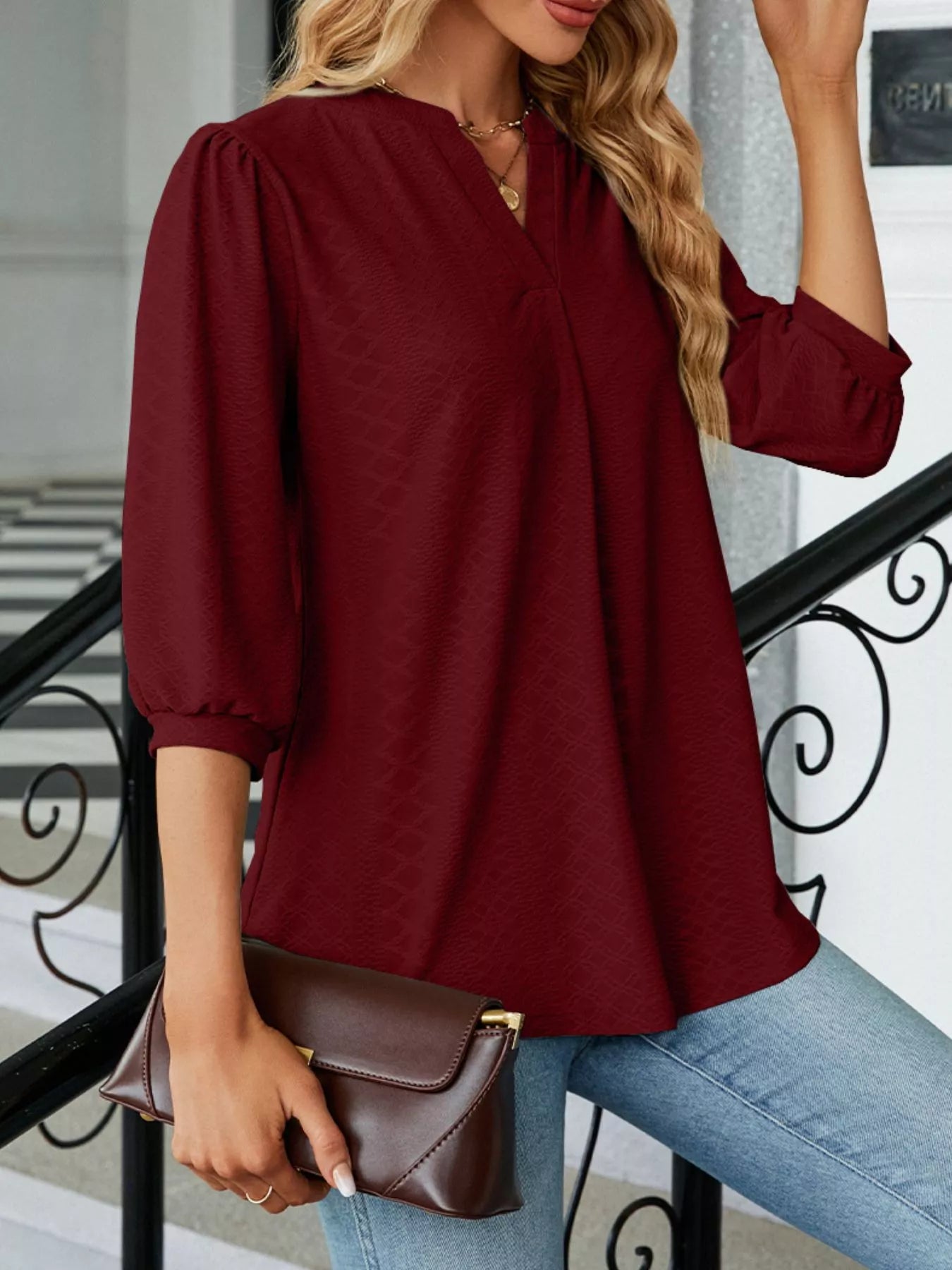 Notched 3/4 Sleeve Casual Top