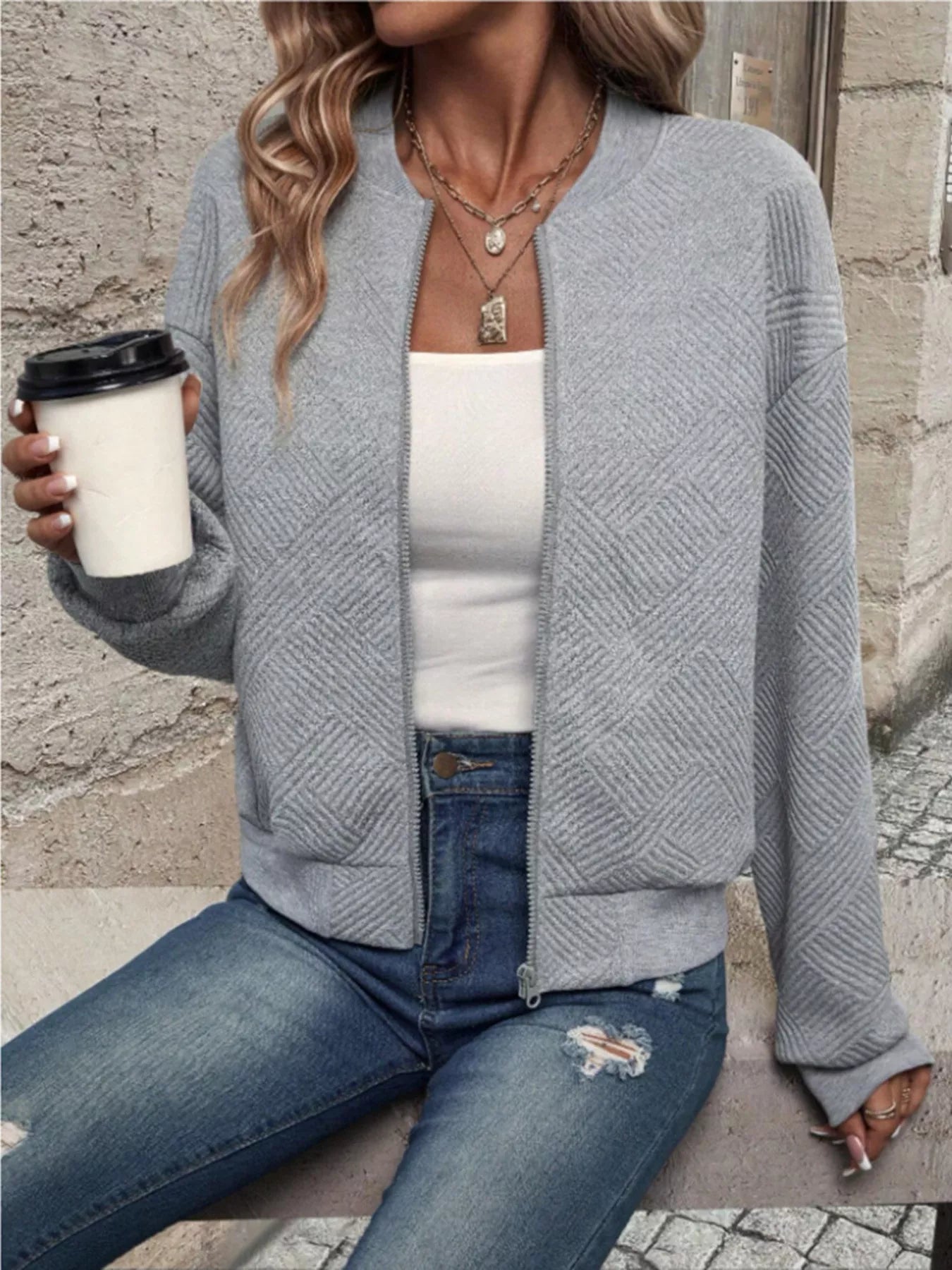 Textured Knit Zip-Up Bomber Jacket