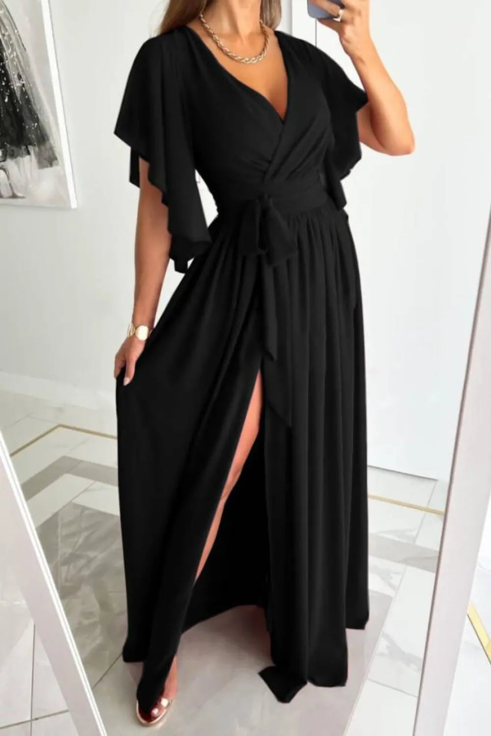 Surplice Flutter Sleeve Maxi Dress Black