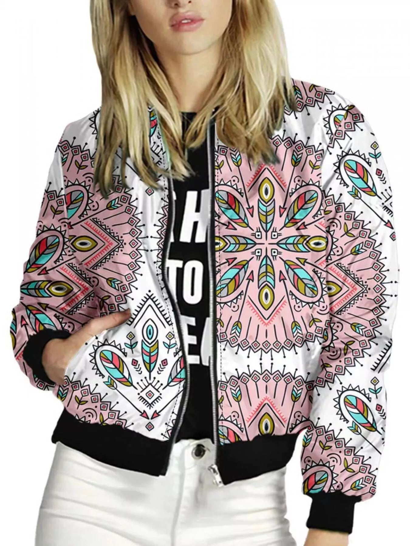 Zip Up Printed Jacket Pink