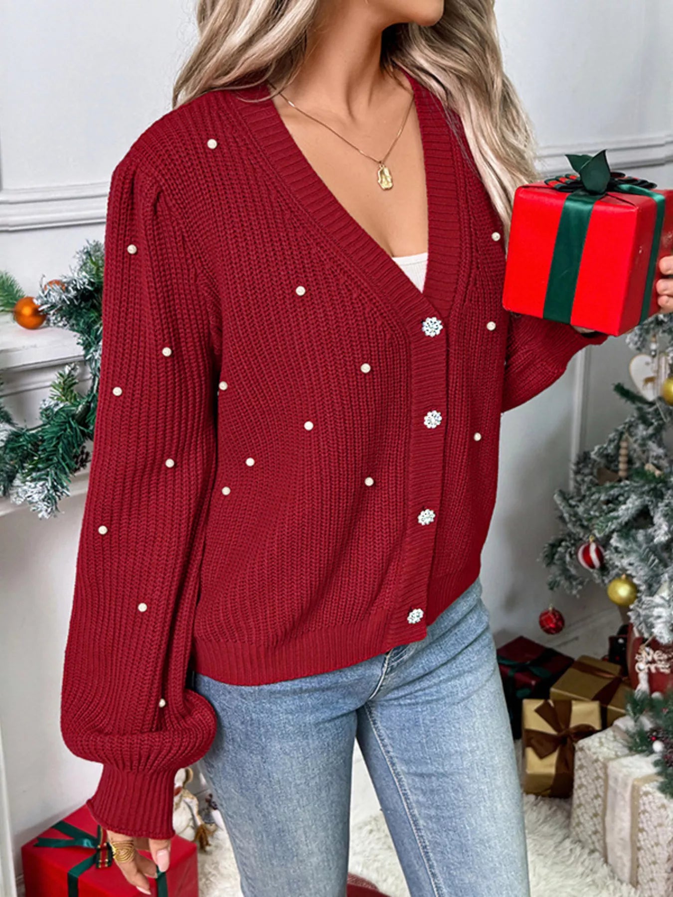 Pearl Embellished Button Up Cardigan