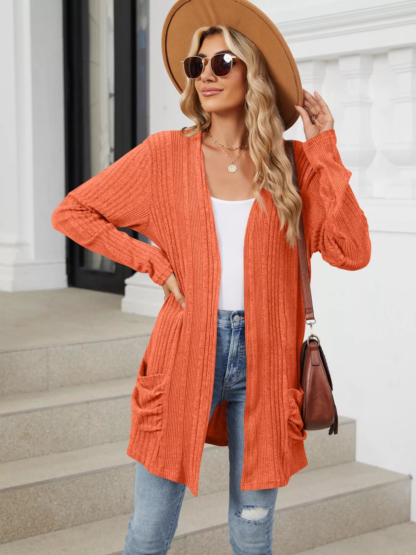 Open Front Long Cardigan Orange
