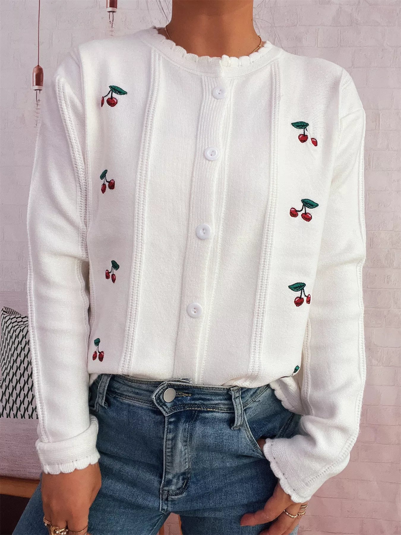 Cherry Embroidered Button Up Cardigan White One Size