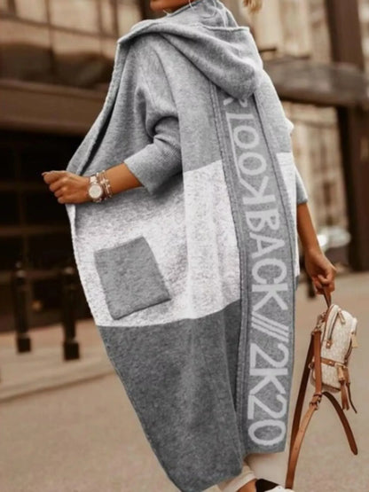 Full Size Hooded Color Block Open Front Cardigan Plus Size White