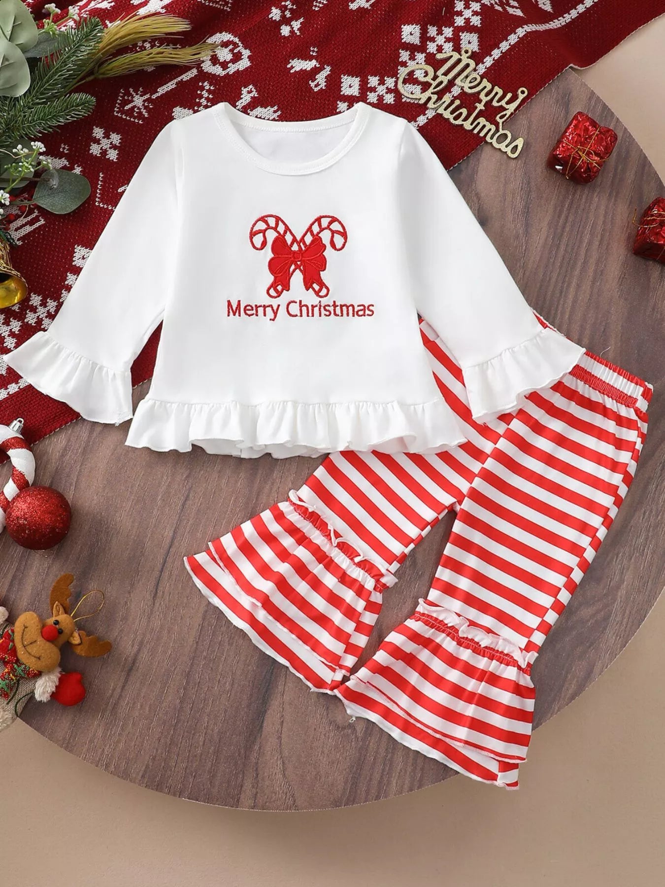Children's Christmas Ruffle Trim Top and Pants Set Red