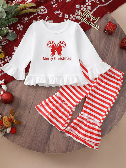 Children's Christmas Ruffle Trim Top and Pants Set Red