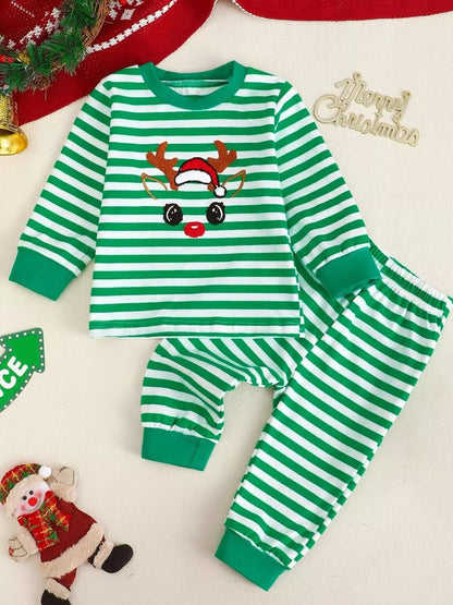 Children's Christmas Striped Pajama Set Green