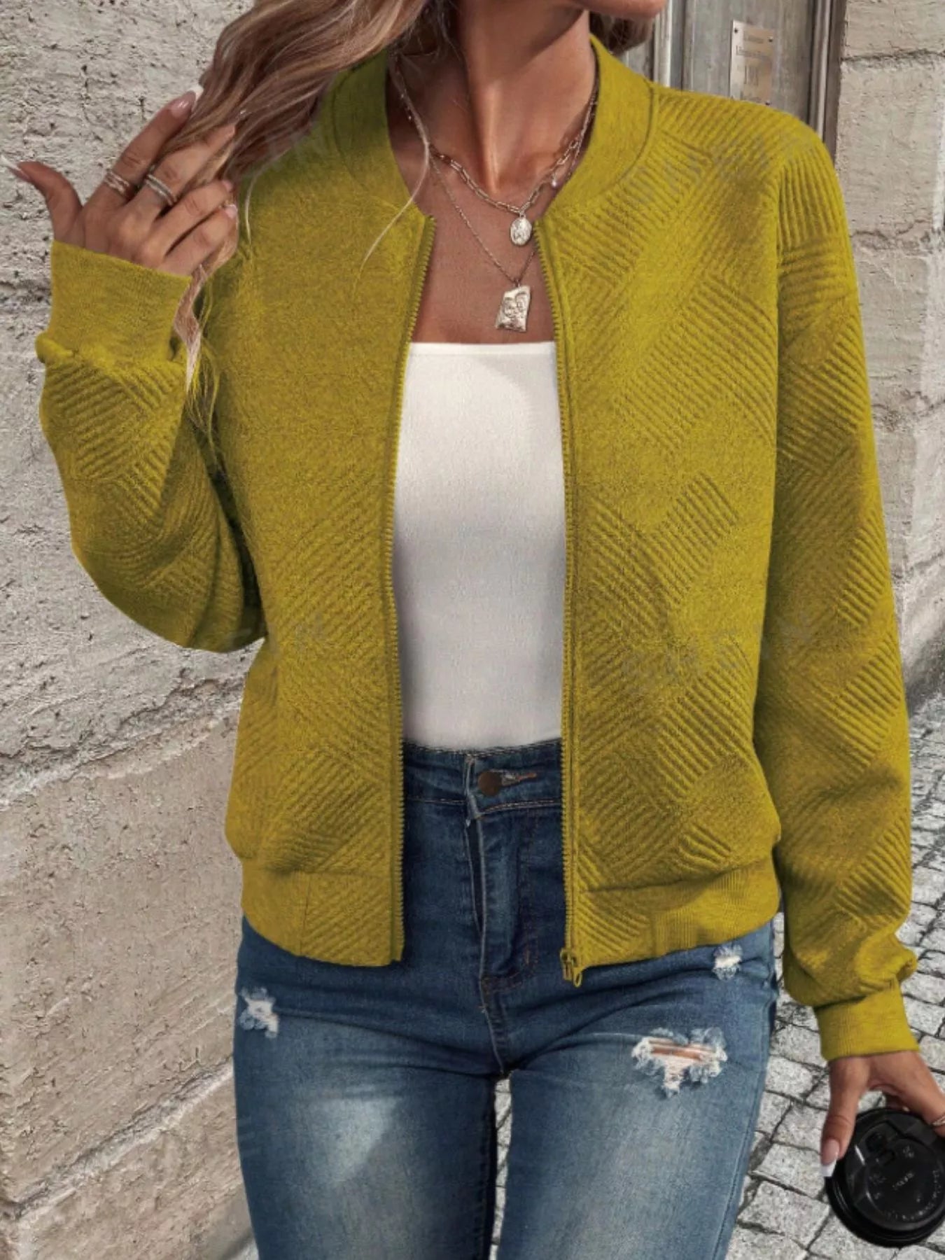 Textured Knit Zip-Up Bomber Jacket Khaki