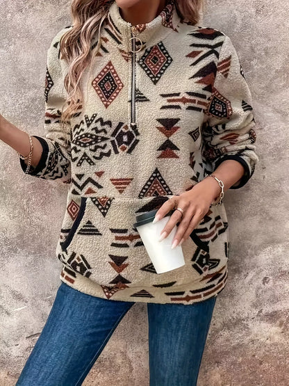 Geometric Half Zip Long Sleeve Sweatshirt Apricot