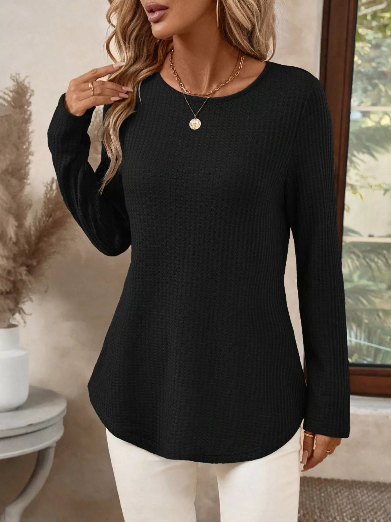 Plus Size Casual Waffle Knit Long Sleeve T-Shirt Black