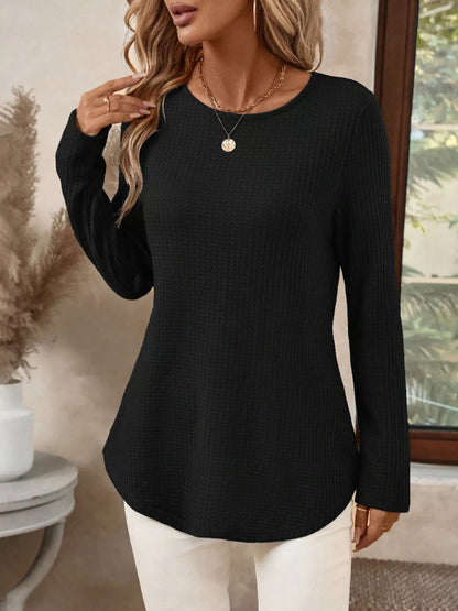 Plus Size Casual Waffle Knit Long Sleeve T-Shirt Black