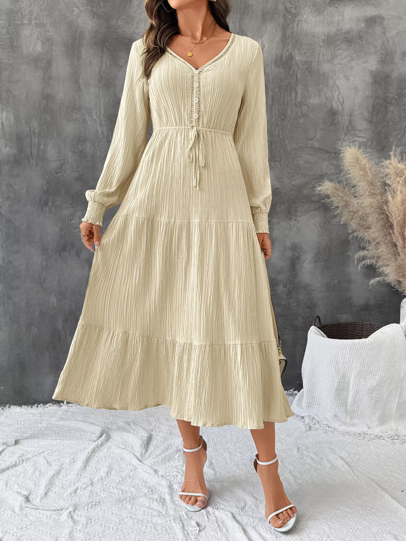 Tiered V-Neck Long Sleeve Dress