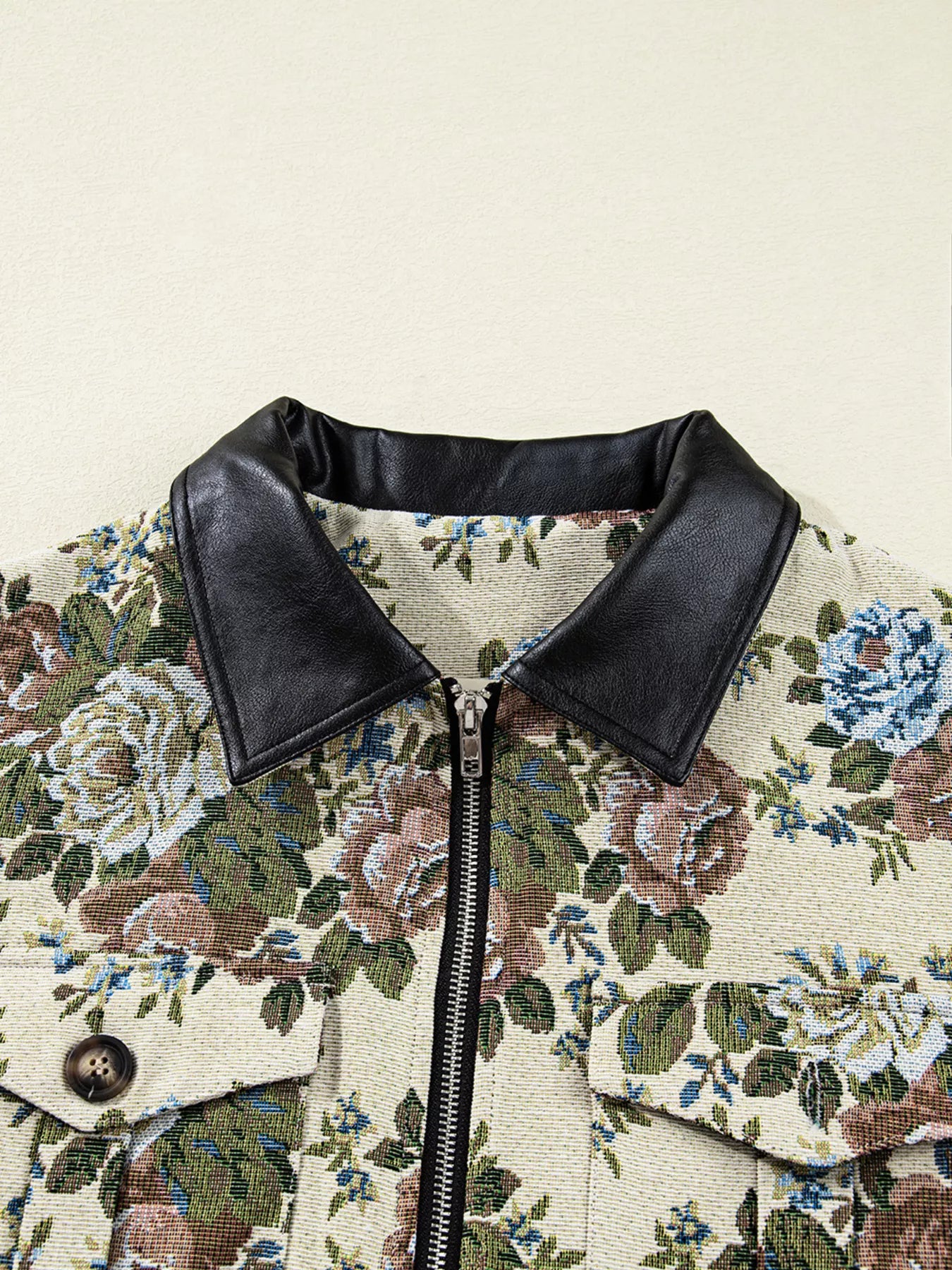 Floral Print Zip Up Contrast Collared Jacket