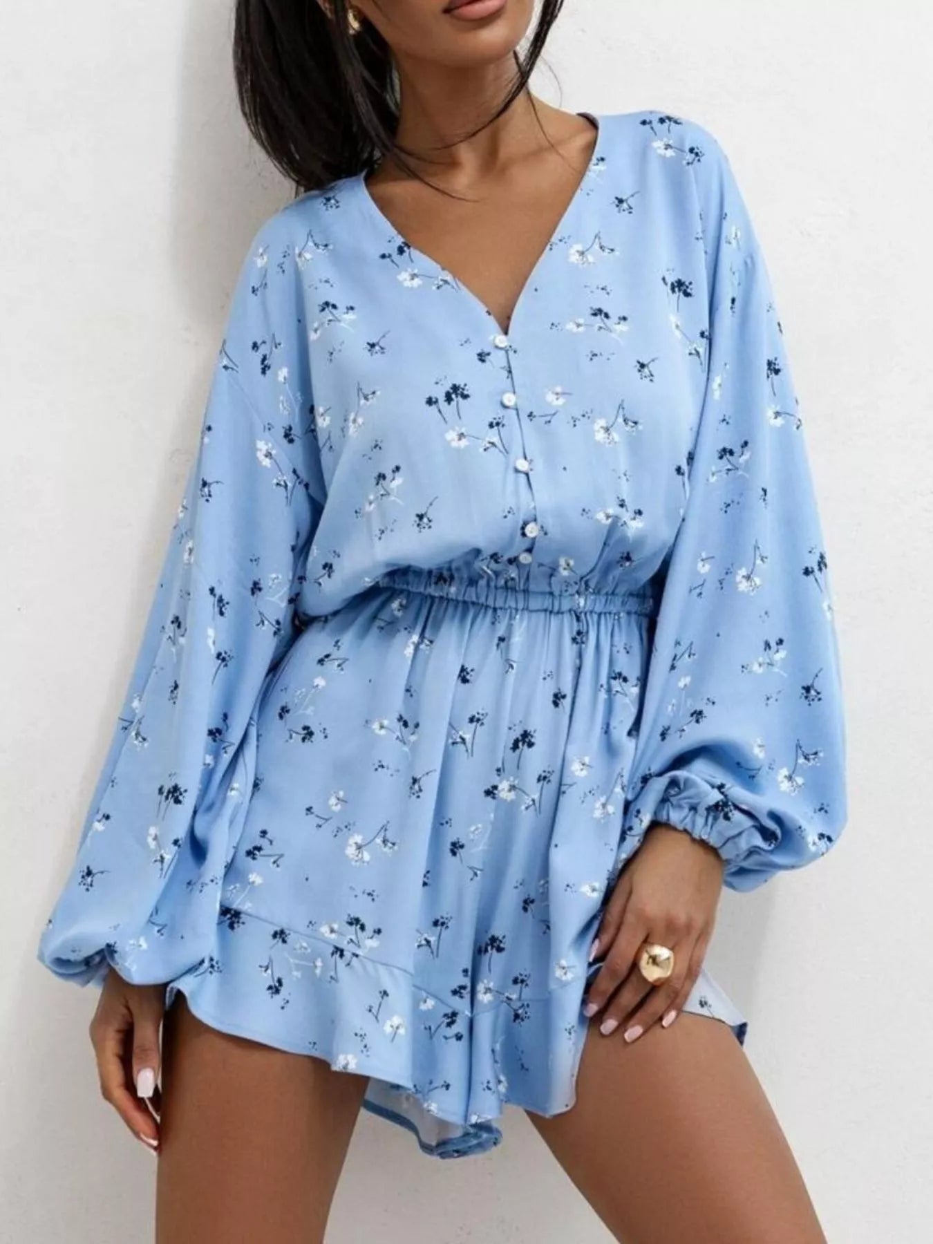 Floral V-Neck Long Sleeve Romper with Elastic Waist