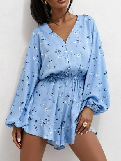 Floral V-Neck Long Sleeve Romper with Elastic Waist