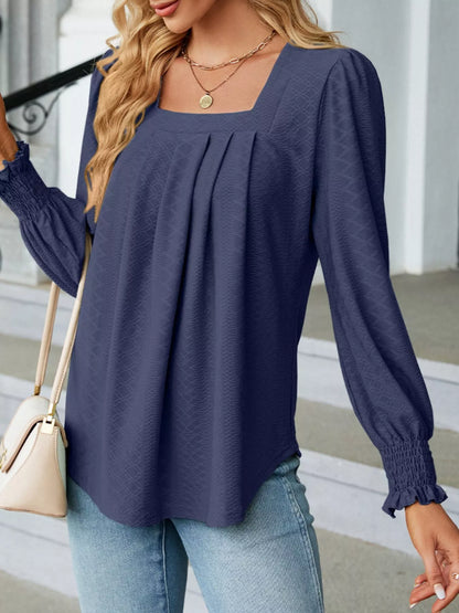 Pleated Square Neck Long Sleeve Top