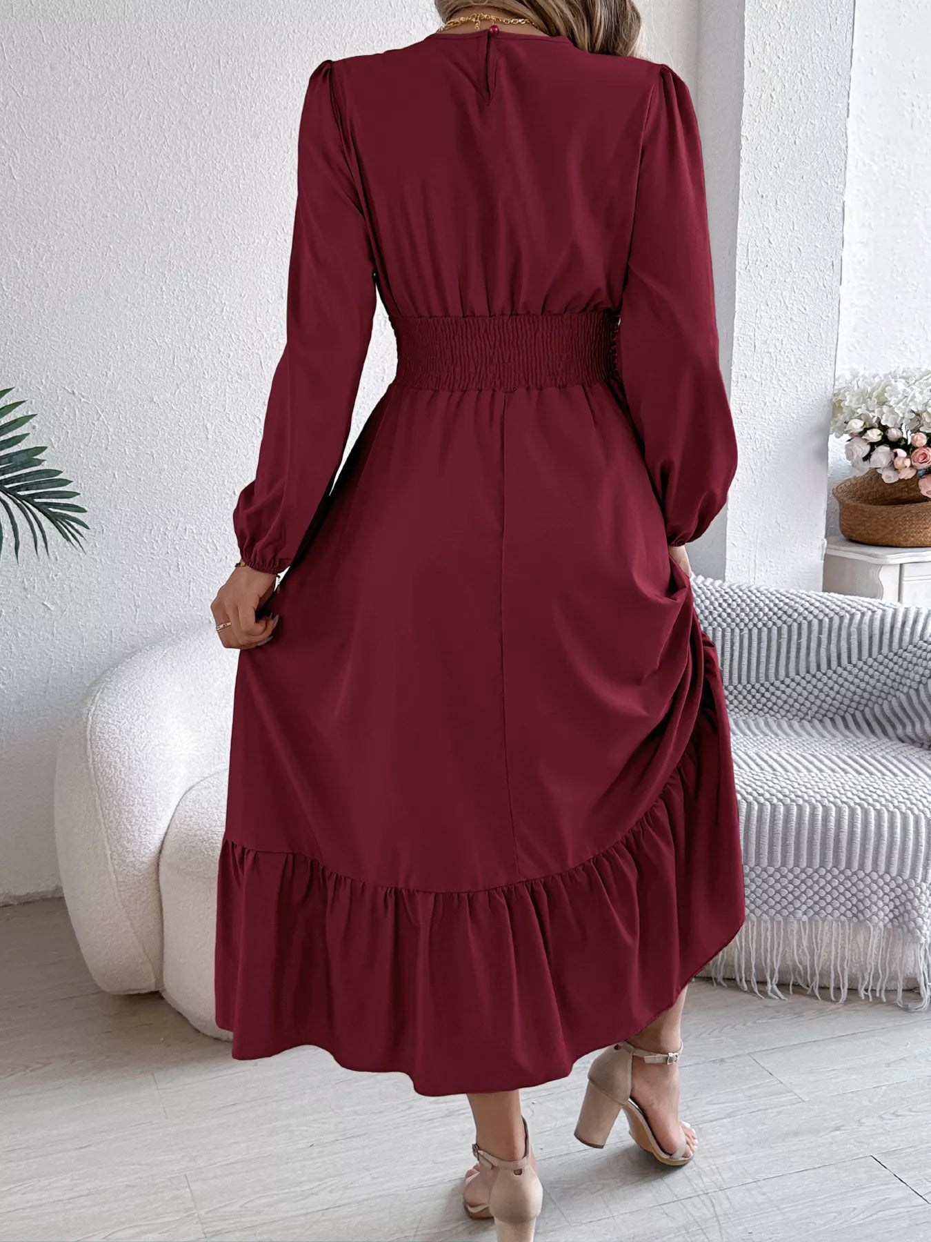 Round Neck Balloon Sleeve Tiered Dress