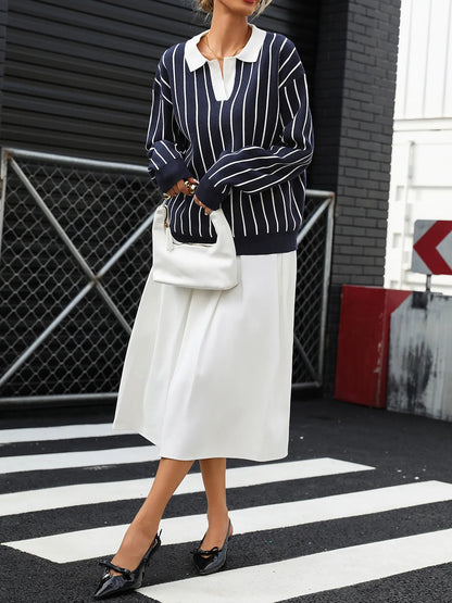 Stripe Contrast Collar Long Sleeve Knit Top