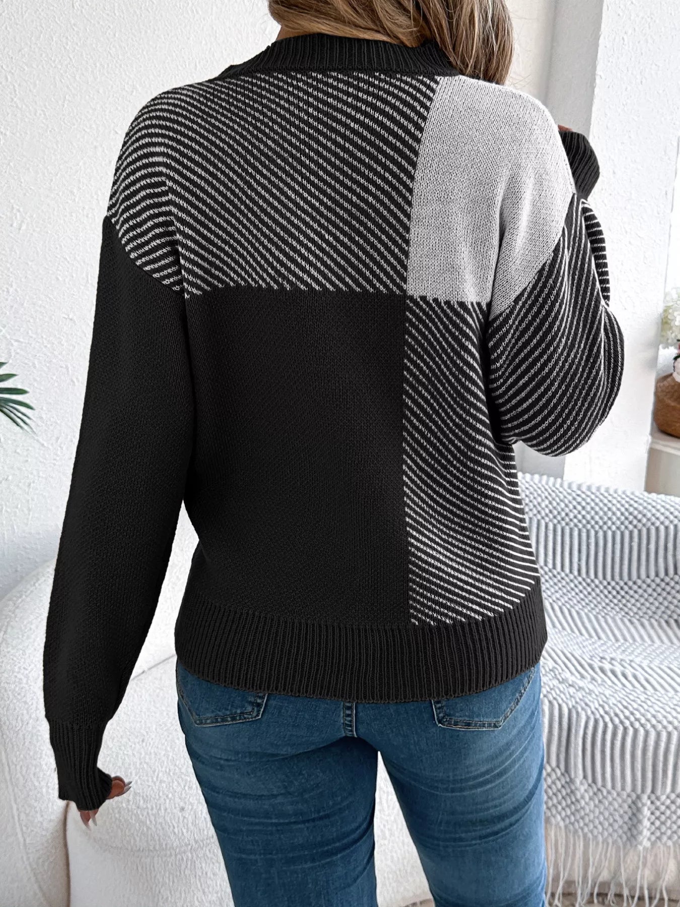 Color Block Striped Round Neck Sweater