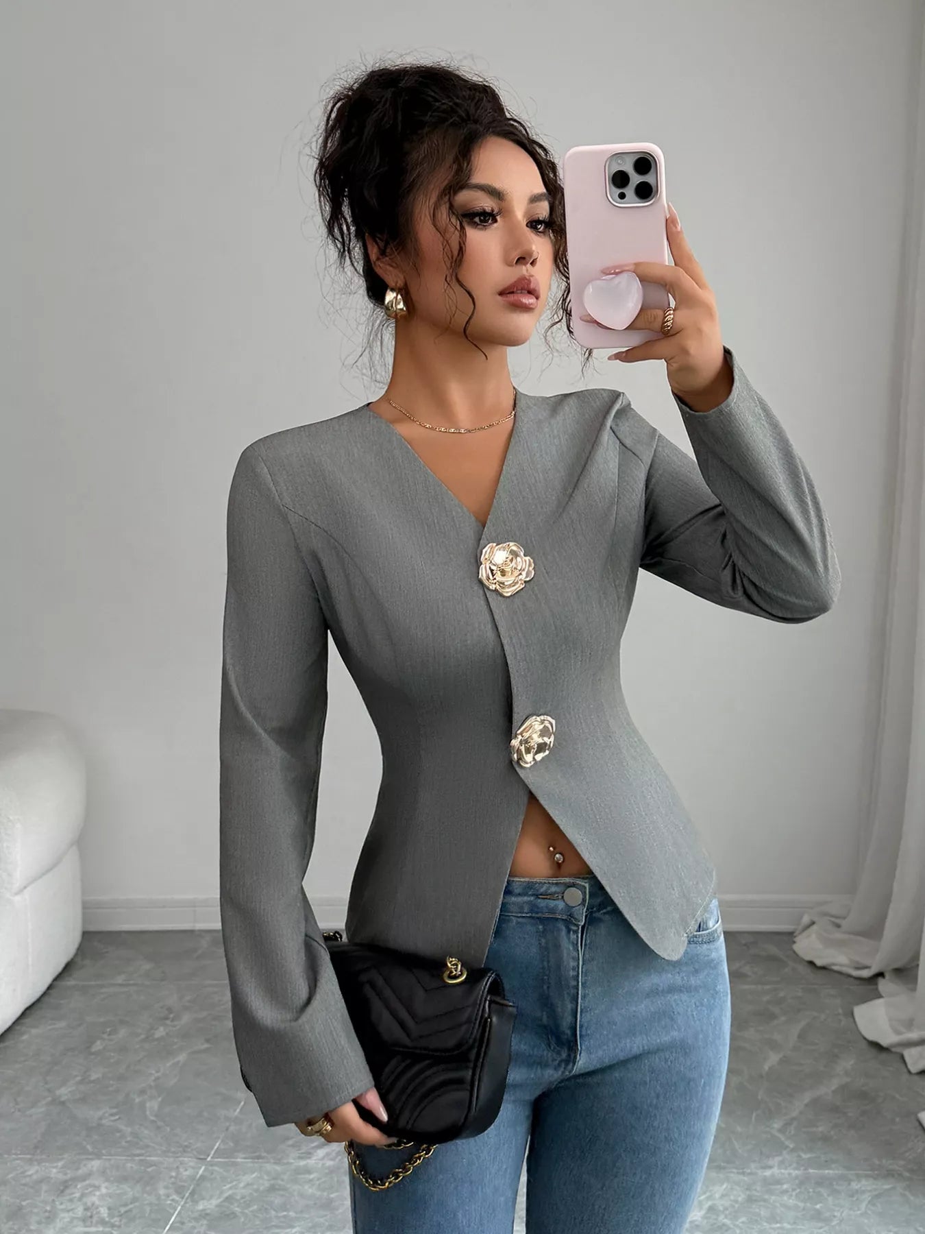 Flower Button Long Sleeve Blazer