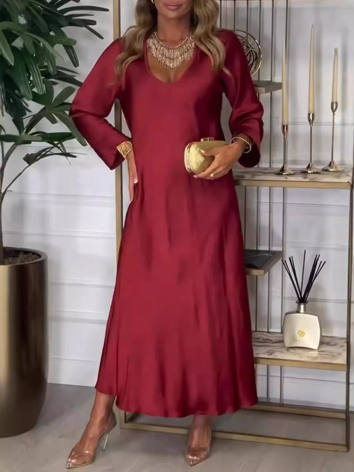 Full Size V-Neck Long Sleeve Midi Dress Plus Size Dark Red