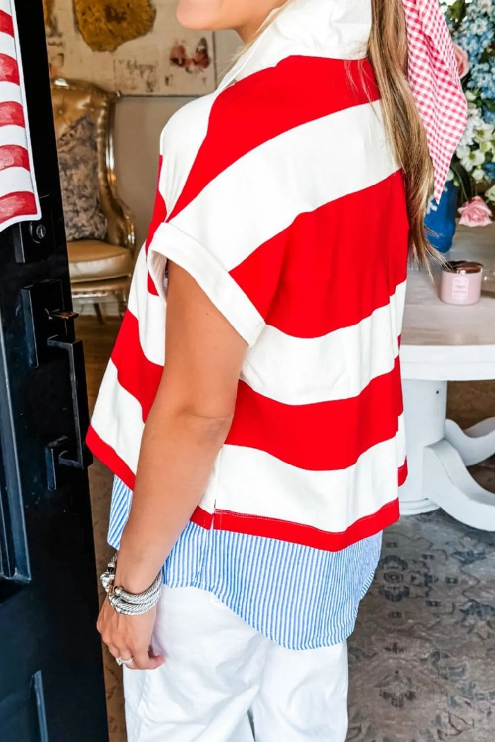 Stripe Collar V Neck Cuffed Dolman Short Sleeve Top