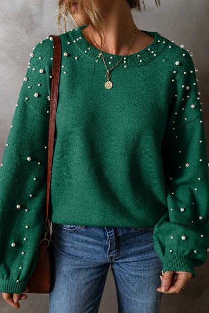 Pearl Detail Round Neck Long Sleeve Sweater Dark Green