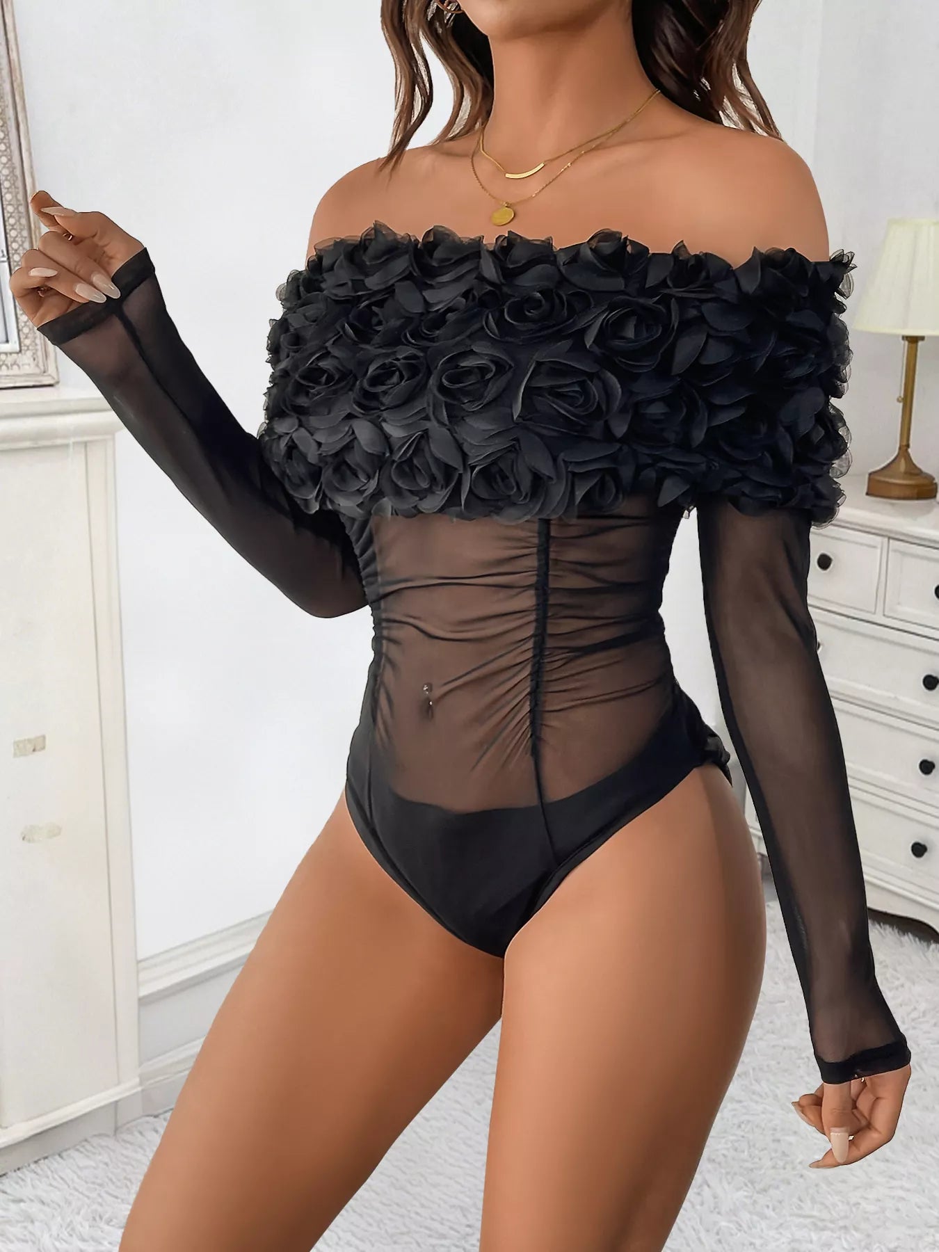 Flower Off-Shoulder Mesh Bodysuit