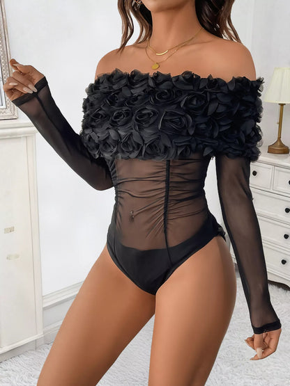 Flower Off-Shoulder Mesh Bodysuit
