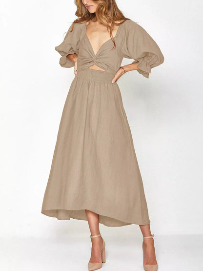 Smocked Puff Sleeves Midi Dress
