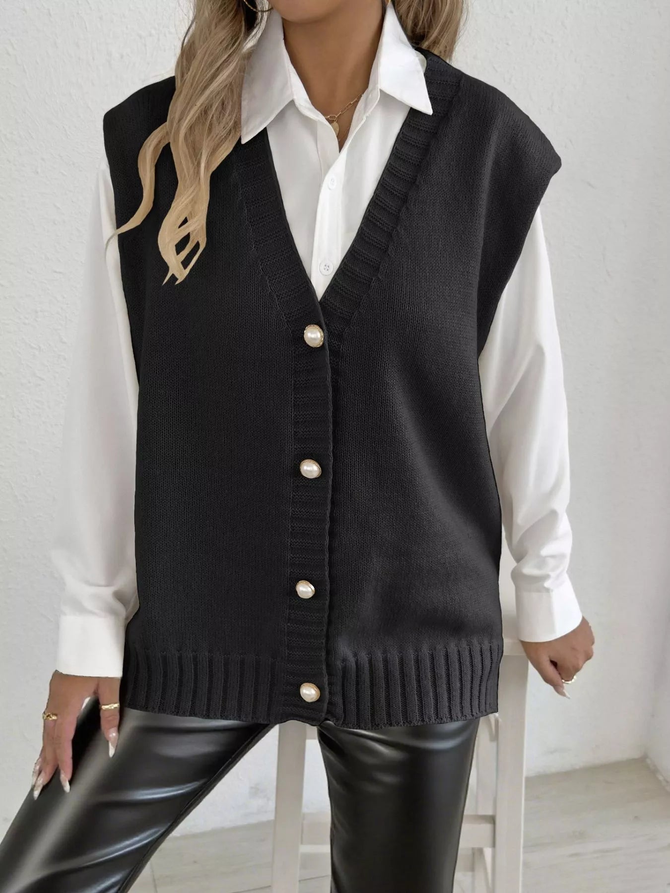 Button-Down Button Up Sweater Vest Black One Size