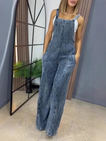 Full Size Wide Leg Washed Denim Overalls Plus Size Dark Blue