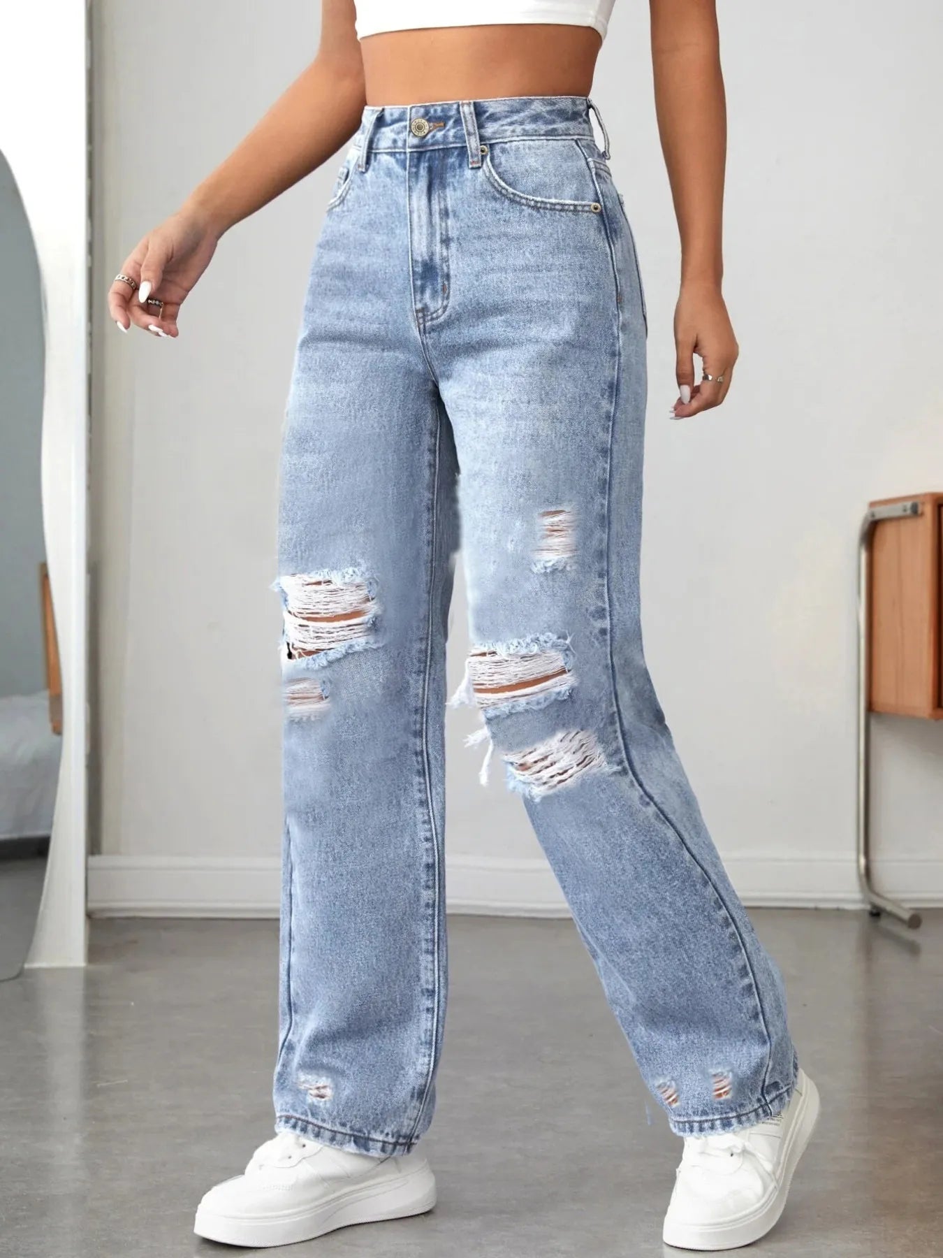 Distressed High Waisted Jeans Light Blue