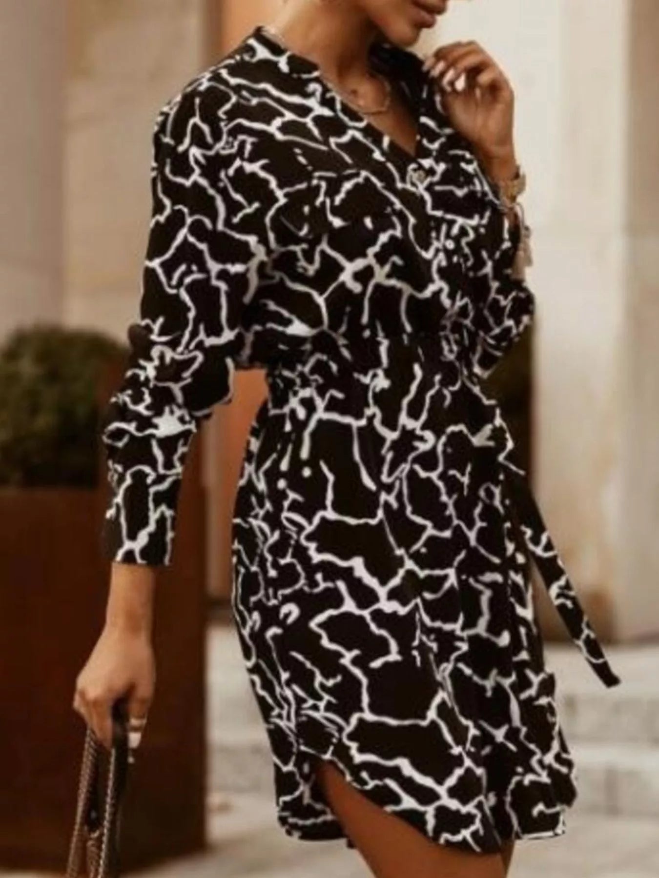Printed Button Front Long Sleeve Dress