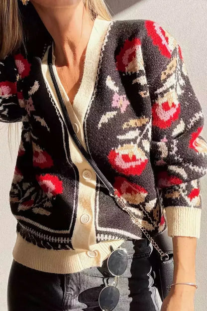 Button Down V-Neck Cardigan Black